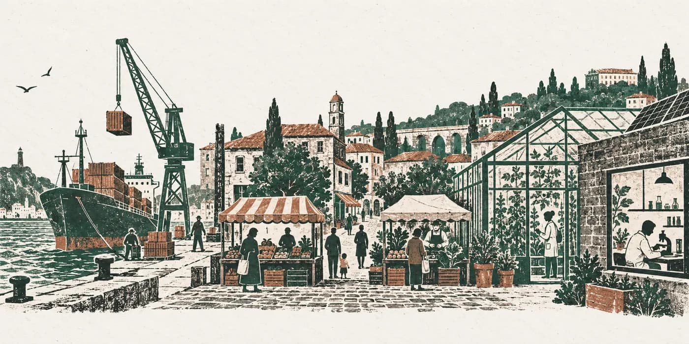 A port, market stalls, a greenhouse and a laboratory, representing trade, economic choices and technological change.